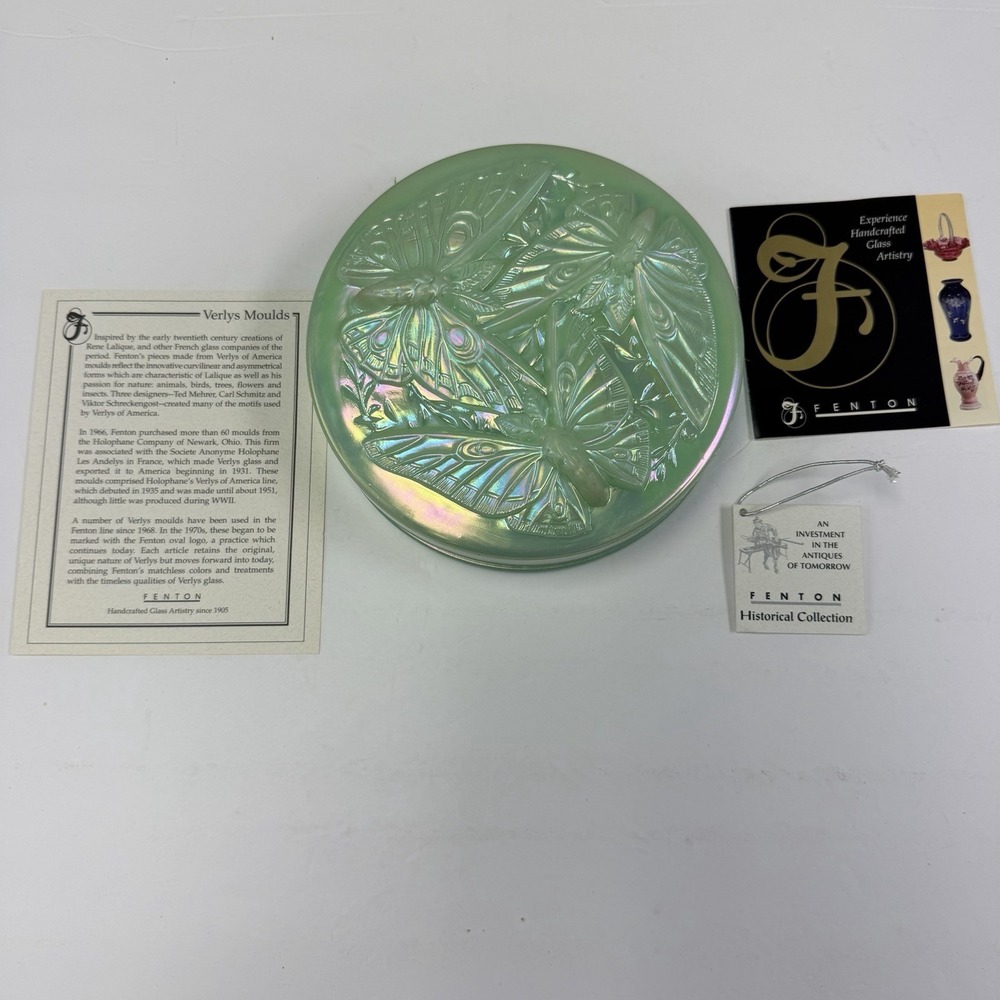 Fenton Art Glass Bon Bon Butterfly Covered Dish Sea Green 6.5x1.5" Original Box